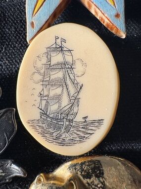 Hand-Drawn Ship Oval  broach - Cream Nautical